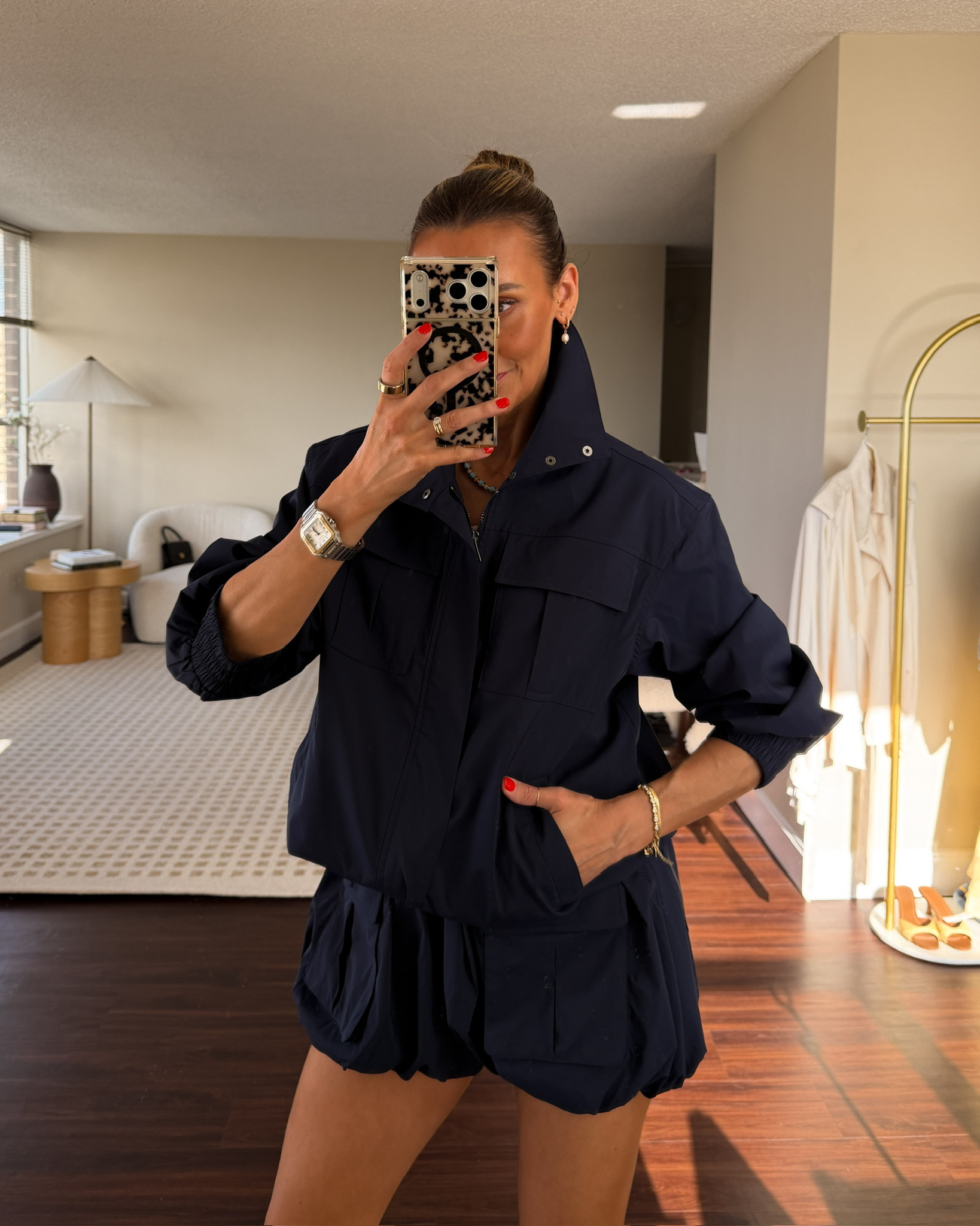Wore this jacket in brown to travel to Chicago over the weekend and wearing the navy with this diaper shorts! I feel like the shorts are super flattering and I’ve been loving this trend, this set goes so well together or separate — wearing xs for both

#LTKSeasonal #LTKTravel #LTKActive