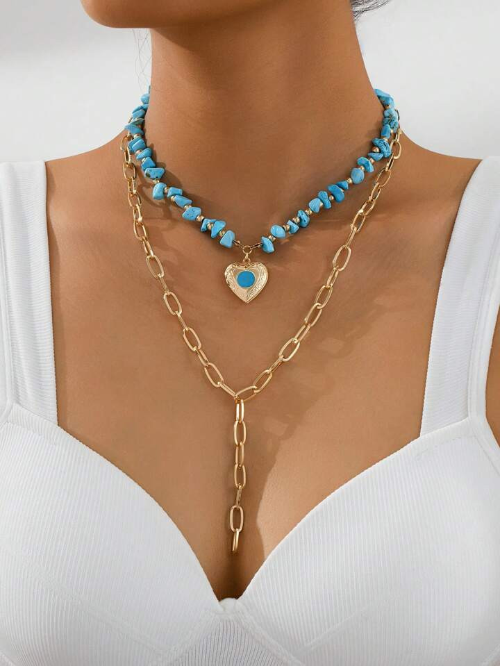 1pc Vintage Heart Pendant Metal Chain Decorated With Green Turquoise Beads, Double-Layer Y-Shape ... | SHEIN