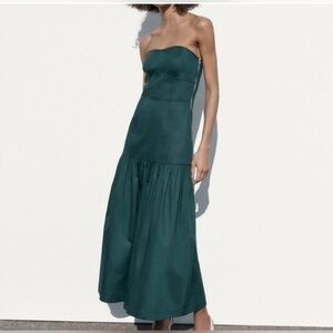 ZARA Dark Green Strapless Bandeau Long Dress with Topstitching Size S | Poshmark
