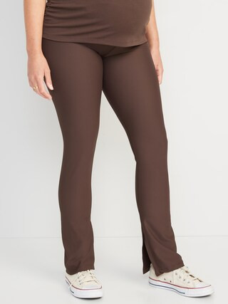 Maternity Rollover-Waist PowerSoft Rib-Knit Split-Hem Flare Leggings | Old Navy (US)