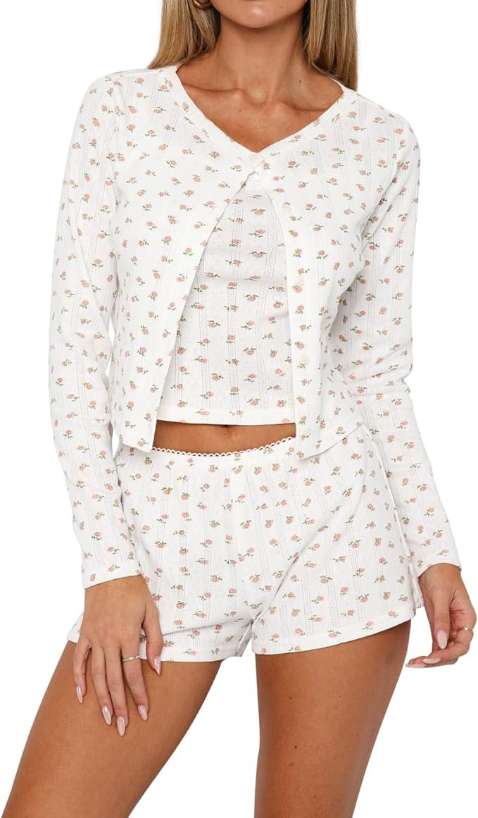REVETRO Women's 3 Piece Lounge Sets Cute Button Down Pajama Sets Spring Outfits Workout Set Y2K S... | Amazon (US)