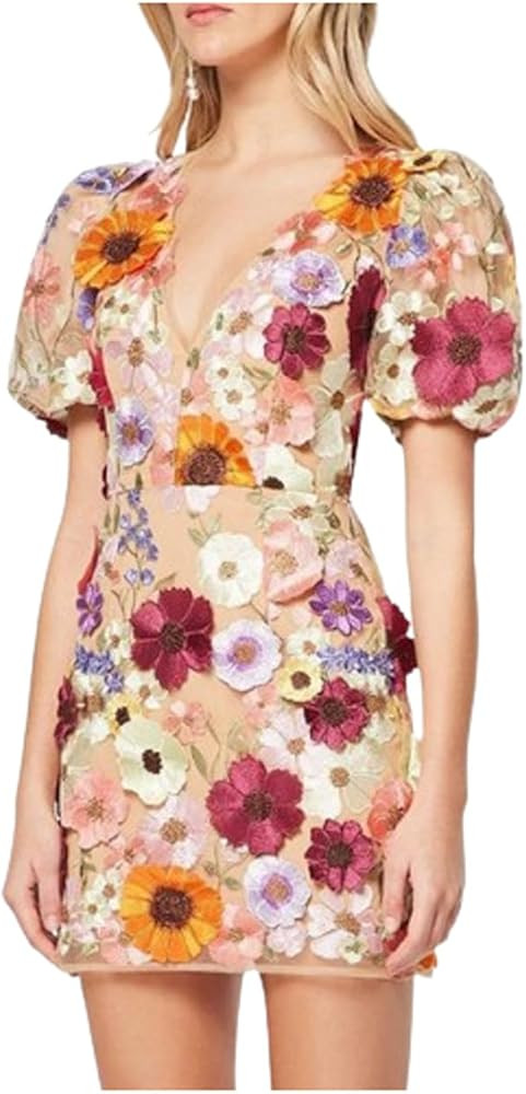 ZAJ Women's 3D Floral Embroidery Dress Sheer Mesh V Neck Puff Short Sleeve Prom Dress Bodycon Par... | Amazon (US)