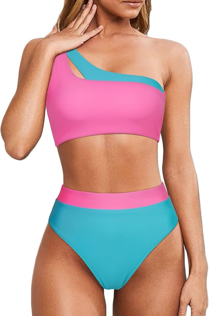MOOSLOVER Women Cutout One Shoulder High Waisted Bikini High Cut Two Piece Swimsuits | Amazon (US)