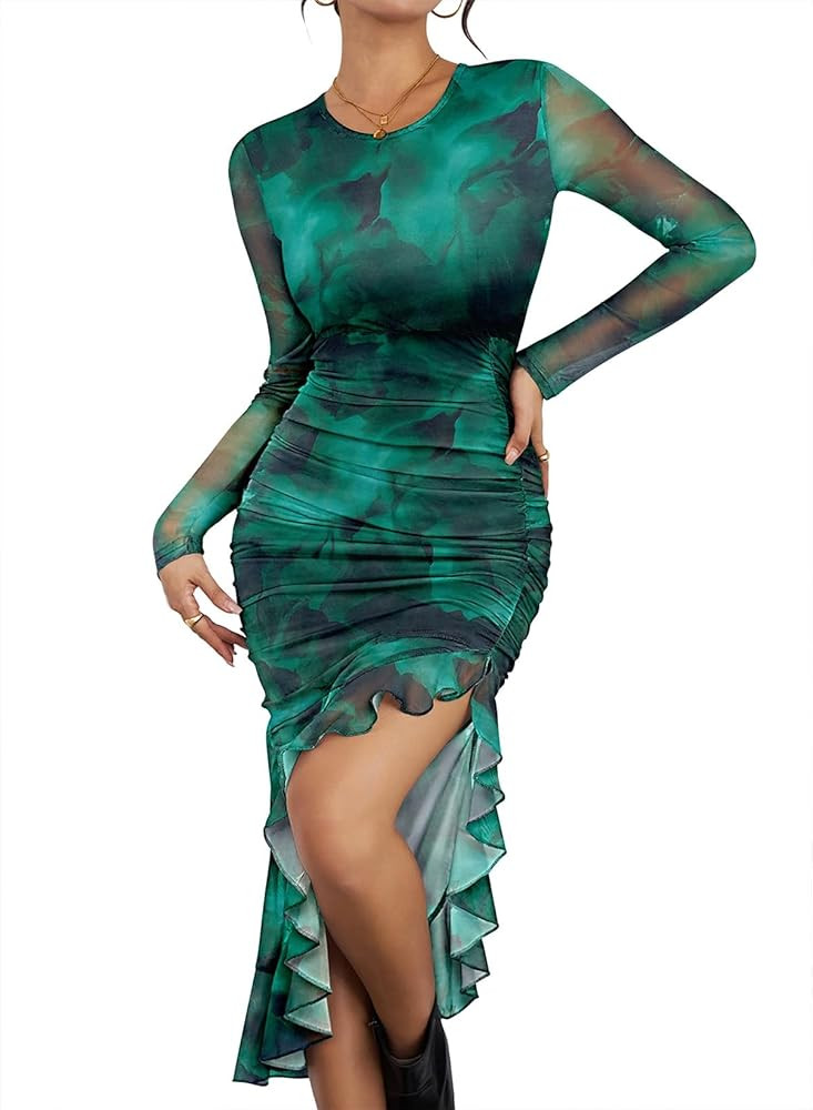 Pink Queen Women's Sexy Mesh Bodycon Dress Fall Long Sleeve Asymmetric Hem Ruffle Floral Print Party Club Ruched Midi Dresses | Amazon (US)