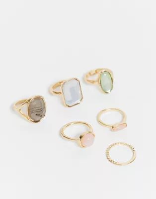 ASOS DESIGN pack of 6 rings with multicolored stones in gold tone | ASOS (Global)