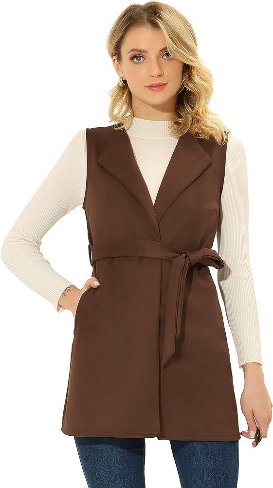 Allegra K Women's Suede Vest Cardigan Belted Long Jacket Sleeveless Blazer | Amazon (US)