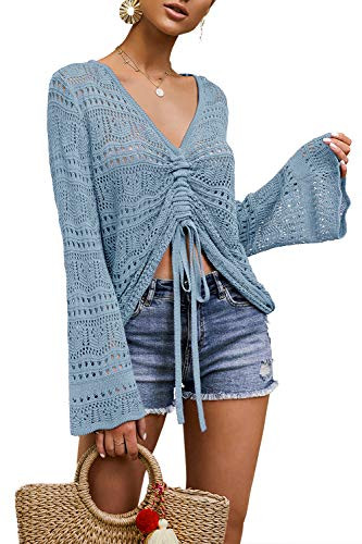 FERBIA Women Crochet Top Beach Cloth Drawstring Shirt Cover Up Oversized Sexy Beachwear Lace Up T... | Amazon (US)