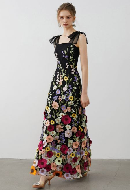 3D Floral Applique Tie-Strap Mesh Tulle Maxi Dress in Black | Chicwish