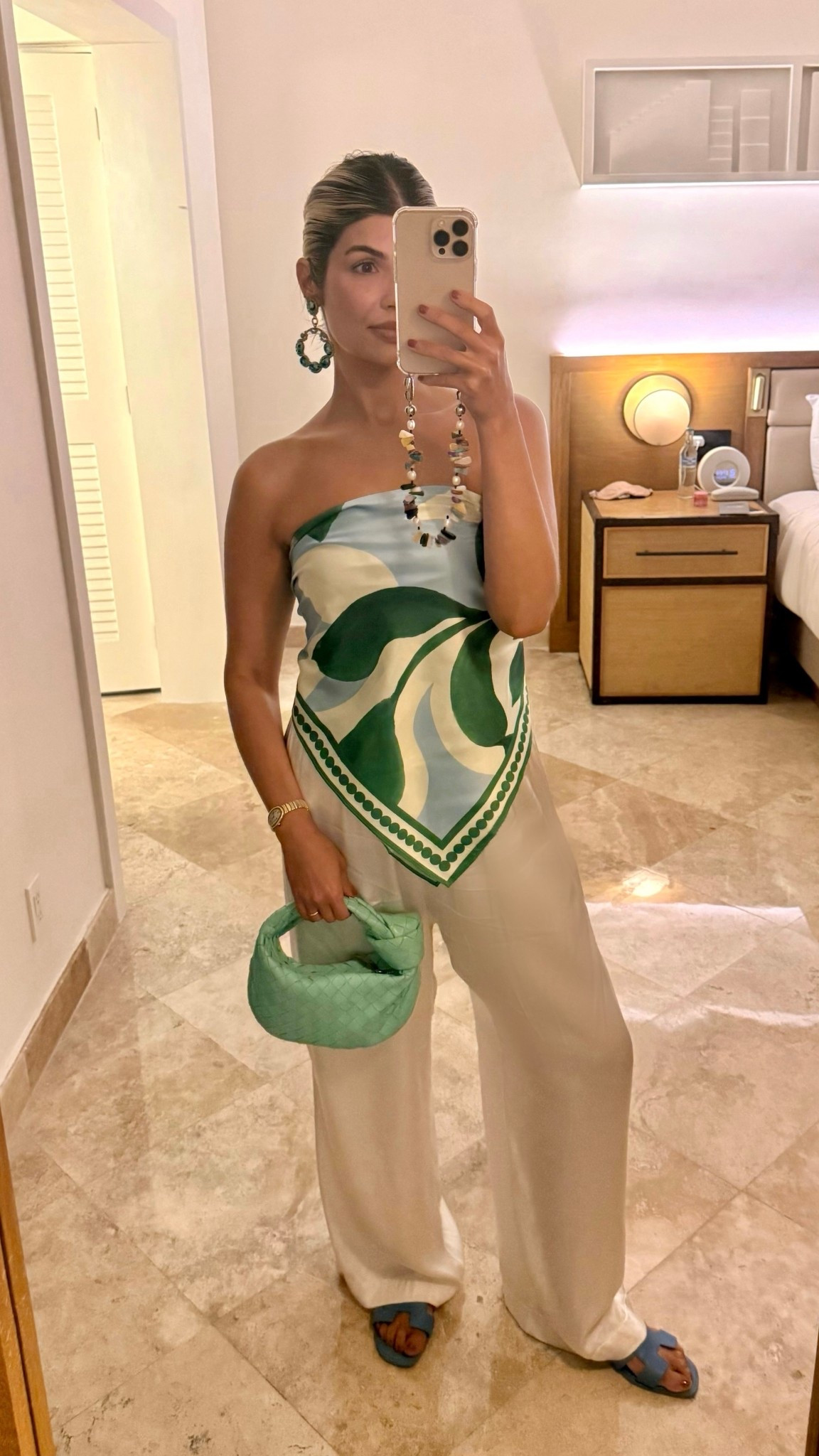 Mexico Fit: Silk on Silk vibes. 
- Scarf Top: from revolve (size S-M) 
- Silk Pants: Dissh (got these during my pregnancy, the best! No pockets and elastic waistband. Wearing size Medium, I should size down now. I work say fit TTS) 
- Bag: Bottega Jodie 
- Shoes: Hermes Oran 
- Earrings: so old I can’t remember 

#LTKSeasonal #LTKootd #LTKTravel