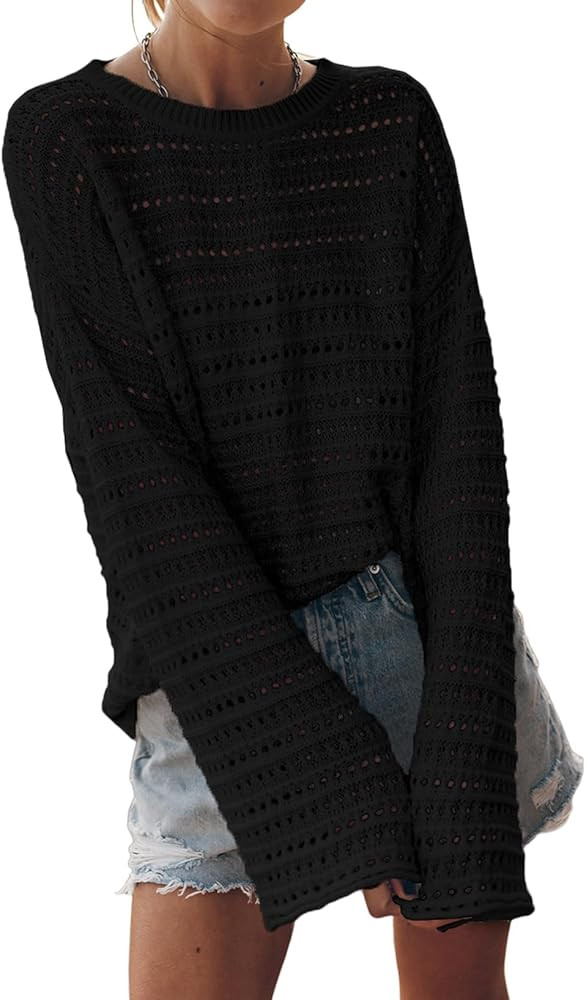 Sidefeel Womens Fall Sweaters 2025 Lightweight Casual Long Sleeve Crochet Hollow Out Knit Pullove... | Amazon (US)