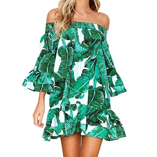 Wintialy Women Sexy Leaves Printing Off Shoulder Half Sleeve Dress Princess Dress | Amazon (US)