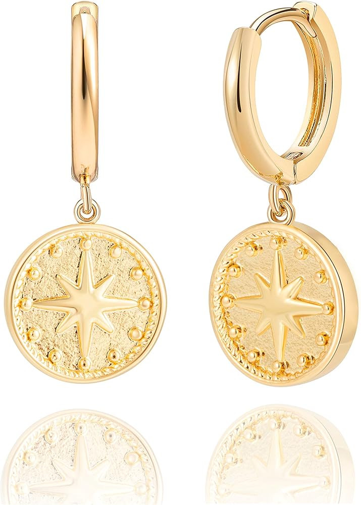SANNYRA Gold Coin Earrings, Gold Huggie Dangle Earrings for Women, 14K Gold Plated Charm Dainty H... | Amazon (US)