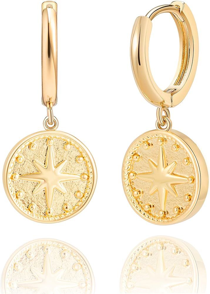 Gold Coin Earrings for Women - 14K Gold Plated Charm Huggie Earrings - Dainty Hoop Earrings with ... | Amazon (US)