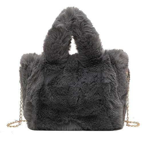 Extolove Fluffy Tote Bag for Women, Mini Fuzzy Tote Plush Shoulder Handbag Faux Fur Bag Furry Purse with Chain (Grey) | Amazon (US)