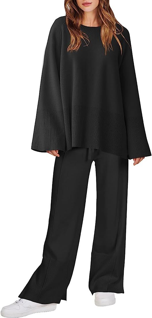 ANRABESS Women 2 Piece Outfits Sweatsuit Oversized Knit Pullover and Drawstring Wide Leg Pants Sw... | Amazon (US)