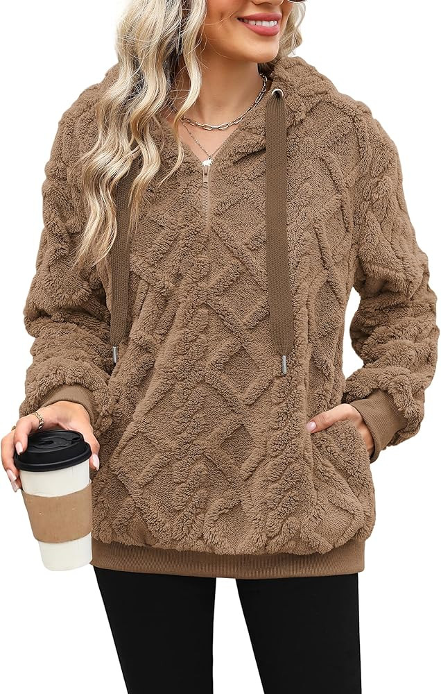 ReachMe Womens Oversized Sherpa Pullover Hoodie with Pockets Fuzzy Fleece Sweatshirt Plaid Fluffy... | Amazon (US)