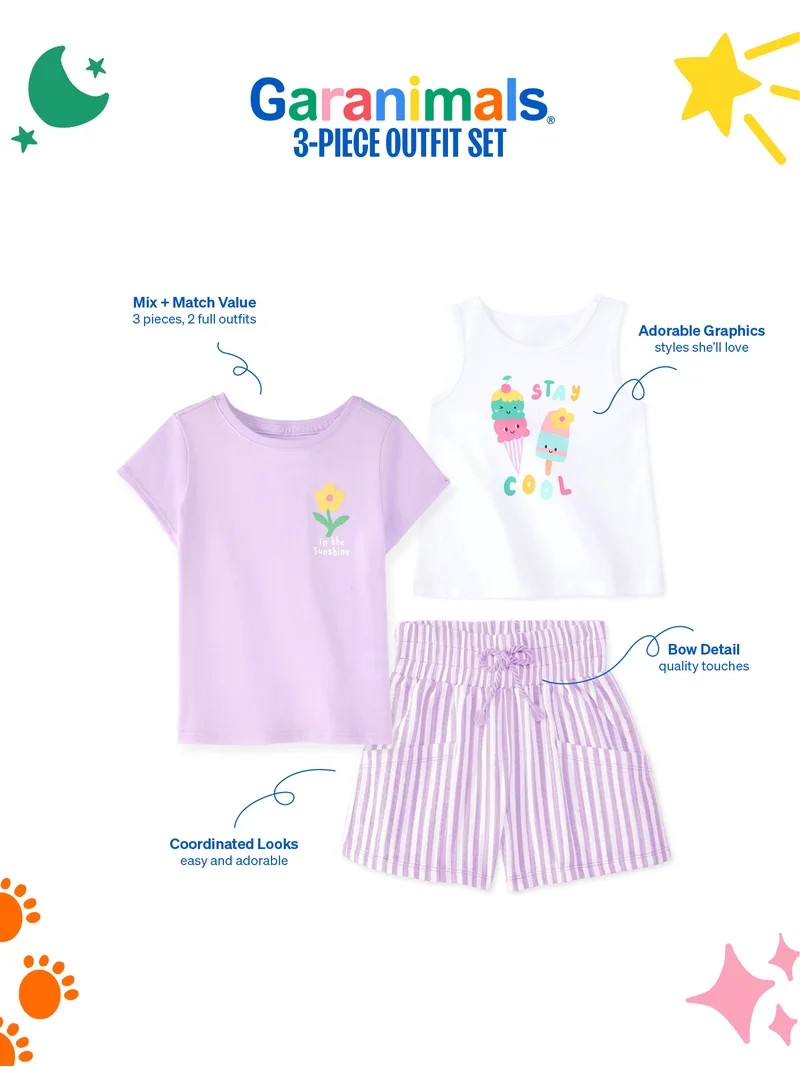 Garanimals Newborn, Baby & Toddler Girl Cotton 3-Piece Set, Tank, Tee & Pull-On Shorts, Sizes 0-6... | Walmart (US)