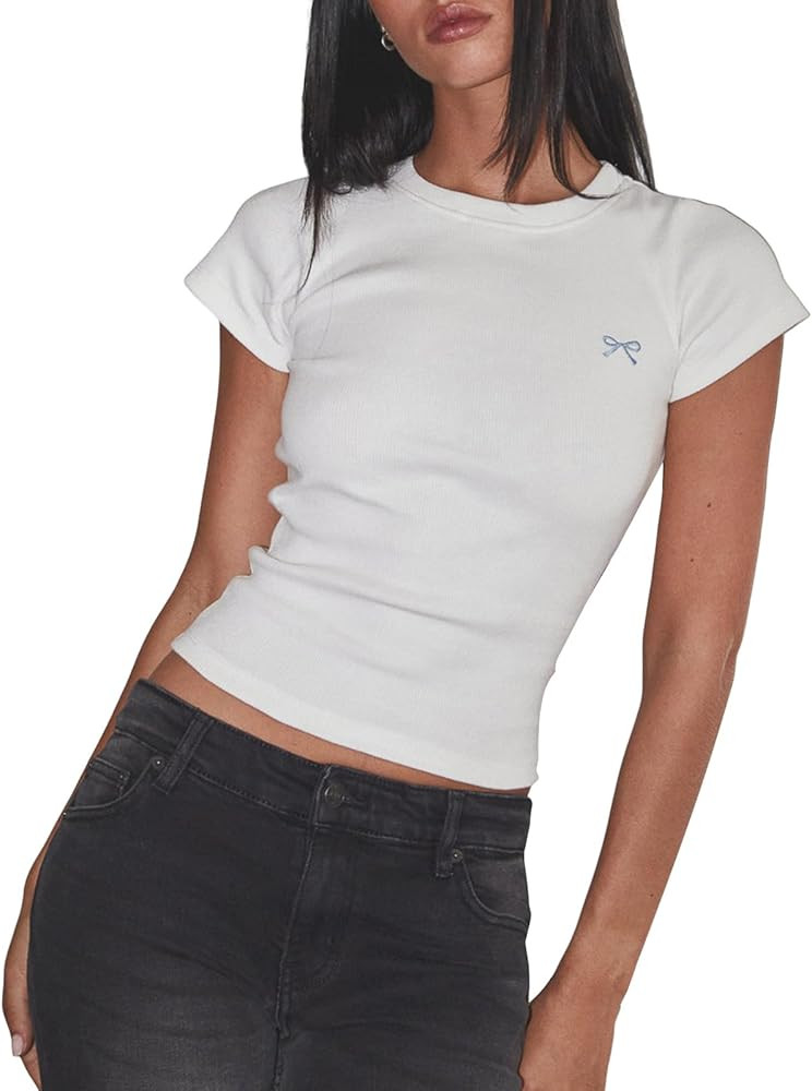 Baby Tees for Women Short Sleeve Crewneck Embroidery Bow Summer Crop Top Y2k Graphic Fitted Aesth... | Amazon (US)