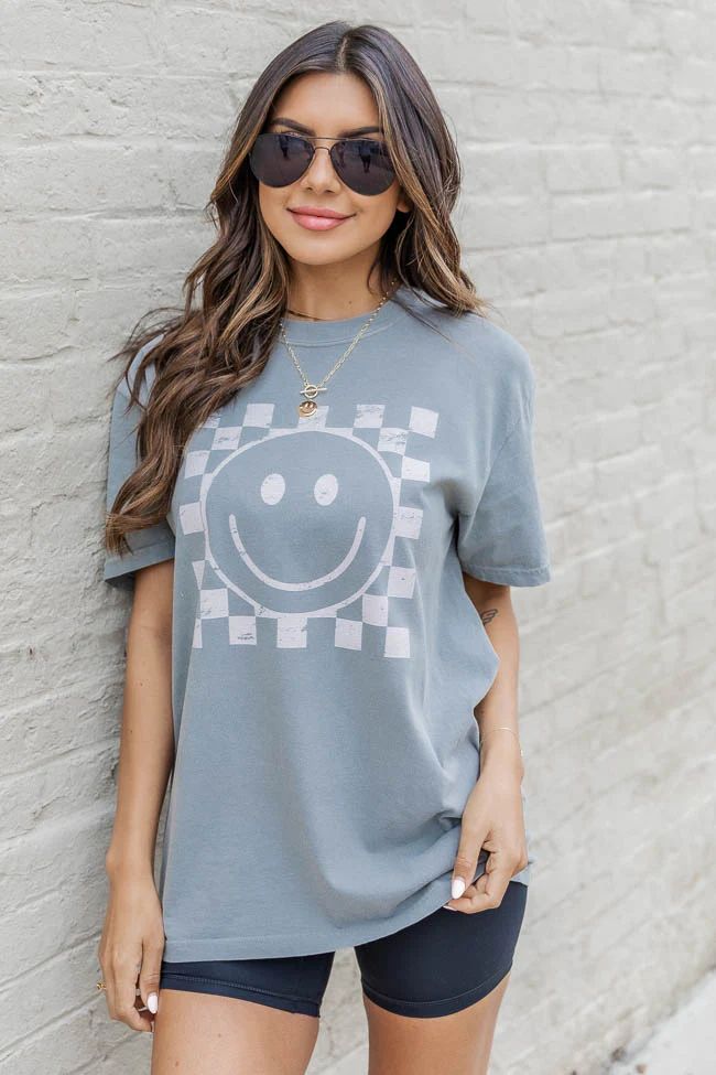 Cream Checkered Smiley Grey Graphic Tee | Pink Lily