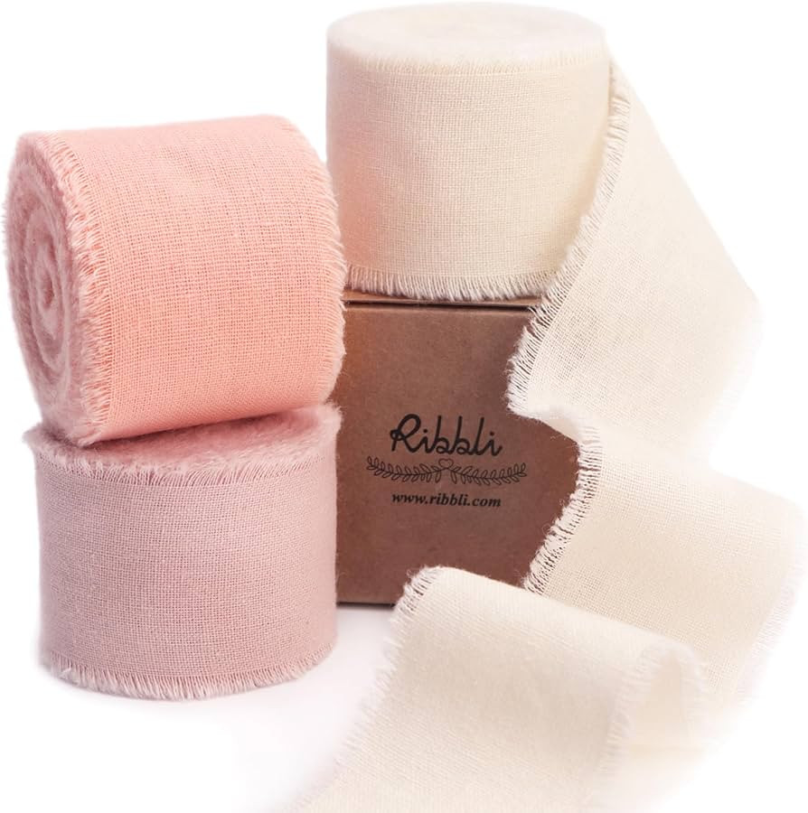 Ribbli 3 Rolls Pink Ribbon 1.5 Inch x 18Yards Ivory Blush Dusty Pink Handmade Cotton Frayed Fring... | Amazon (US)