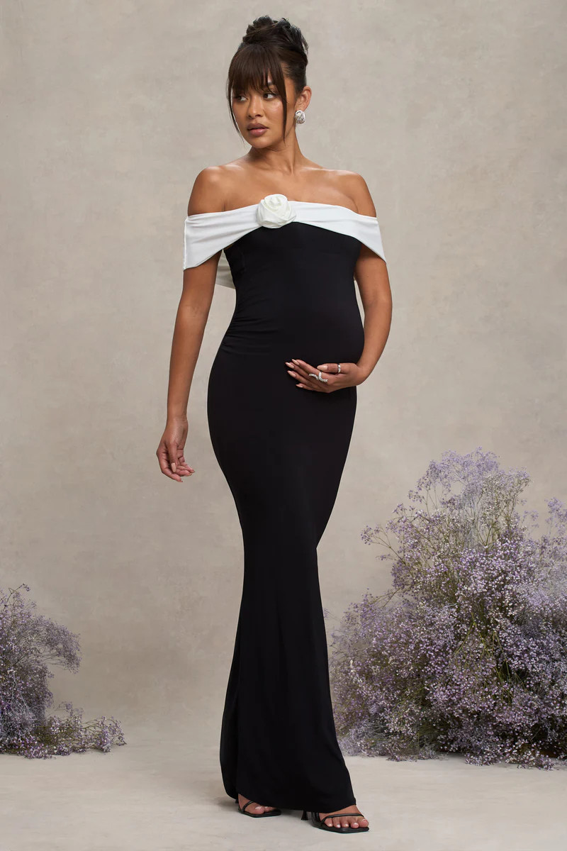 In Bloom | Black & White Bardot Maternity Maxi Dress With Flower | Club L London