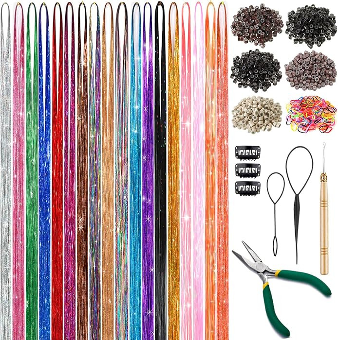 Hair Tinsel Kit (48 Inch, 18 Colors, 7200 Strands), Glitter Tinsel Hair Extensions with Tools - F... | Amazon (US)