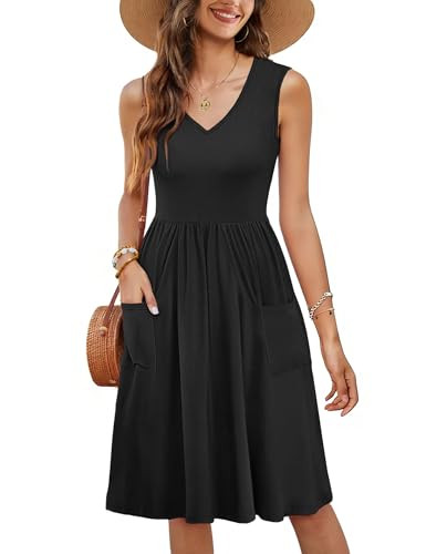 RUMIA V Neck Summer Casual Dresses for Women- Womens Sleeveless Tank Sundress with Pockets Vacation Black | Amazon (US)