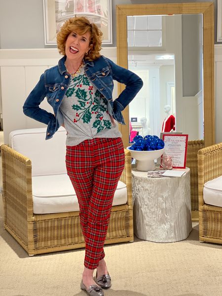 Holiday outfit, holiday pants, plaid pants, pewter shoes, metallic flats, Holly sweater, holiday sweater. Denim jacket, holiday jewelry, holiday earrings, Christmas earrings, Christmas necklace, holiday necklace

My entire look is on sale and everything fits TTS!

This fun holiday look was so fun to wear in Talbots holiday style show!  Heck out these darling plaid pants! They’re the perfect length to let these fun metallic flats show!

#LTKSeasonal #LTKshoecrush #LTKHoliday