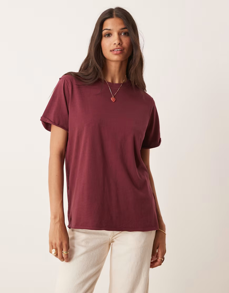 ASOS DESIGN slouchy raw edge regular fit t-shirt in washed cherry-Red | ASOS (Global)