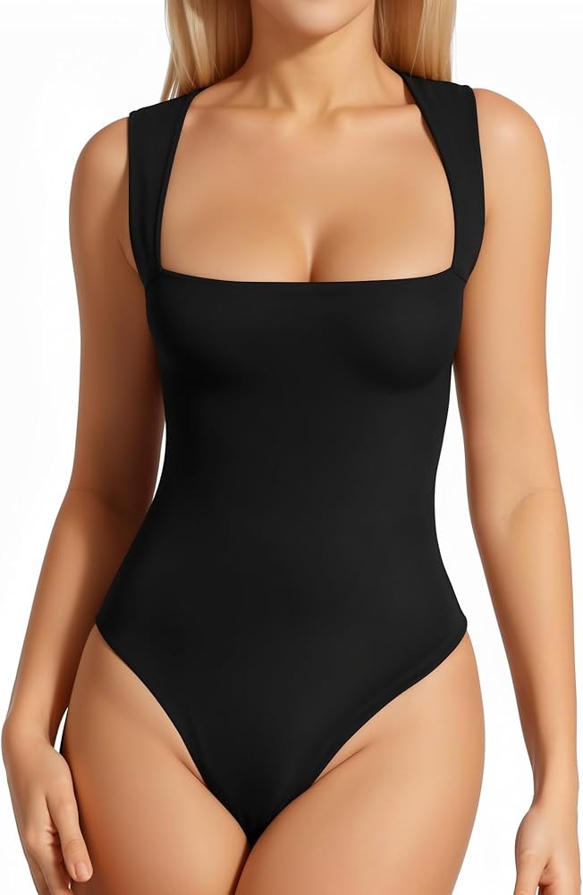 MANGOPOP Womens Tank Top Sqaure Neck Thong Bodysuit Sleeveless Summer Going Out Double Lined Body... | Amazon (US)