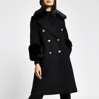 Black faux fur cuff swing coat | River Island (UK & IE)