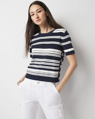 Women's Lace Up Side Sweater Tee in Destined Strp Admiral Blu size XS | White House Black Market | White House Black Market