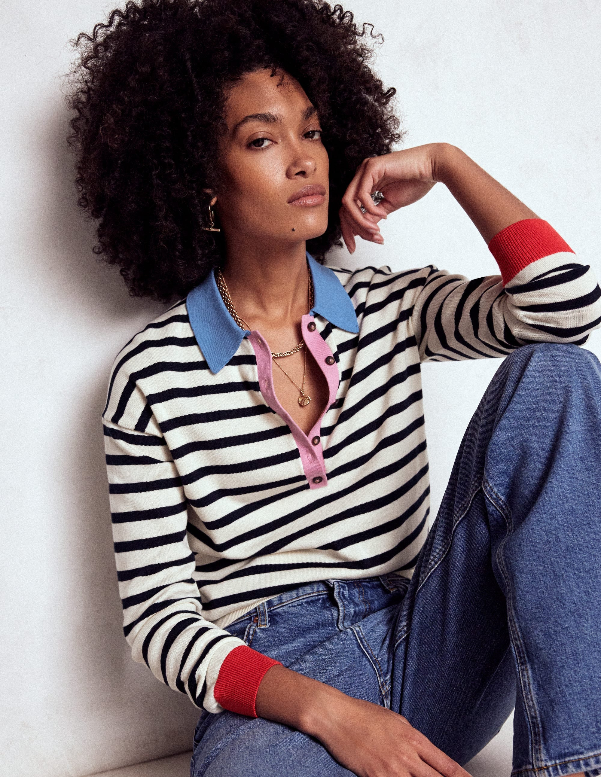 Lara Relaxed Cotton Henley-Navy/ Warm Ivory | Boden (US)