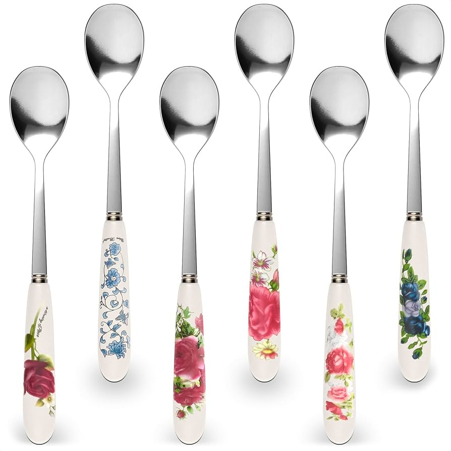6 PCs Ceramic Handle Coffee Spoons Set – 6.1" Small Dessert Spoons with Floral Design – Stain... | Amazon (US)
