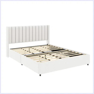 Grimona Anda Queen Size Ivory Boucle Upholstered Platform Bed With Patented 4 Drawers Storage, Tufted Headboard, Wooden Slat Mattress Support, No Box | Wayfair North America