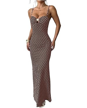 MakeMeChic Women's Polka Dots Maxi Dress Metal Sleeveless Bodycon Summer Beach Dresses Vacation O... | Amazon (US)