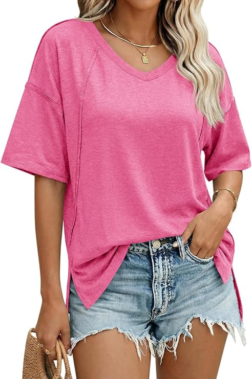 Cicy Bell Womens Oversized T Shirts Short Sleeve Summer Casual V Neck Tunic Tops Loose Fit Side S... | Amazon (US)