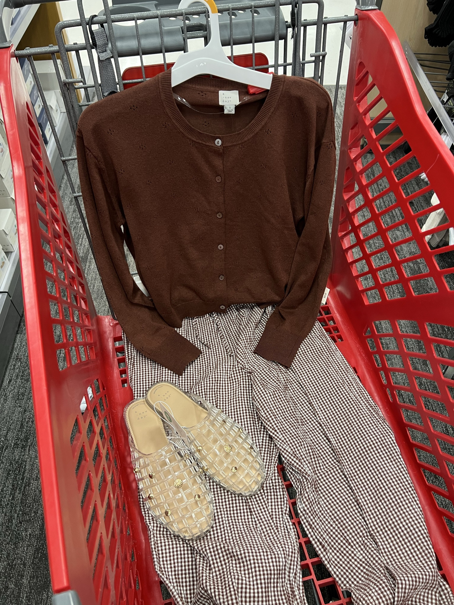 Target spring outfit idea with gingham pants and cardigan, jelly shoes! I think this would be a cute teacher outfit. You could also do any low profile sneaker. #targetstyle 