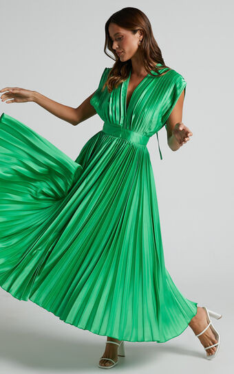 Della Midaxi Dress - Plunge Neck Short Sleeve Pleated Dress in Green | Showpo (US, UK & Europe)