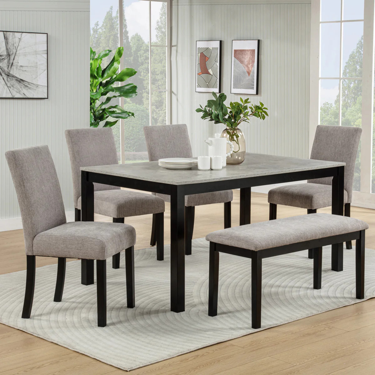 Streamdale 6-Piece Dining Table Set with Bench, Solid Wood Kitchen Table, Gray & Black | Shop Simon