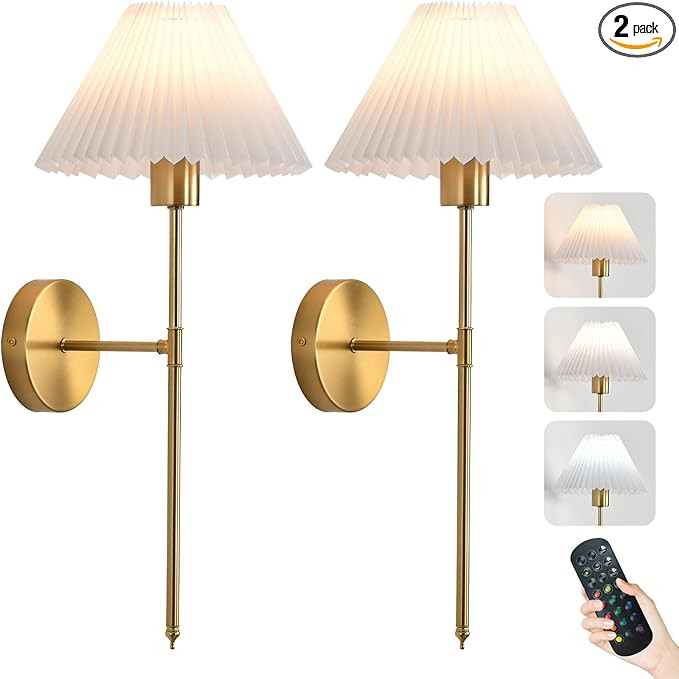 Rechargeable Wall Sconces Set of 2, Gold Battery Operated Wall Lights with Remote, Dimmable Pleat... | Amazon (US)