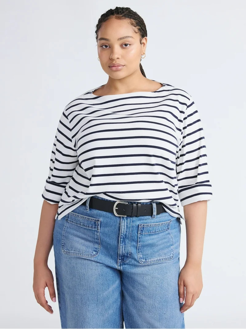 Free Assembly Women's and Women's Plus Striped Cotton Boatneck Tee with 3/4-Length Sleeves, Sizes... | Walmart (US)