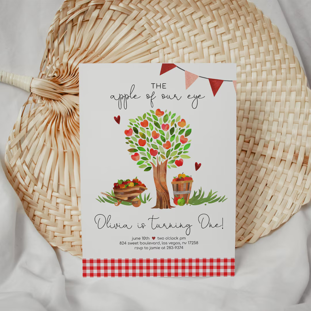 Apple Birthday Invitation, Apple Birthday Party Invite, Fall Invitation, Red Gingham, Printable B... | Etsy (US)
