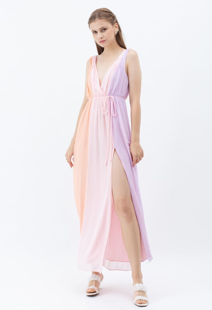 Pastel Color Block Deep V-Neck Chiffon Maxi Dress | Chicwish