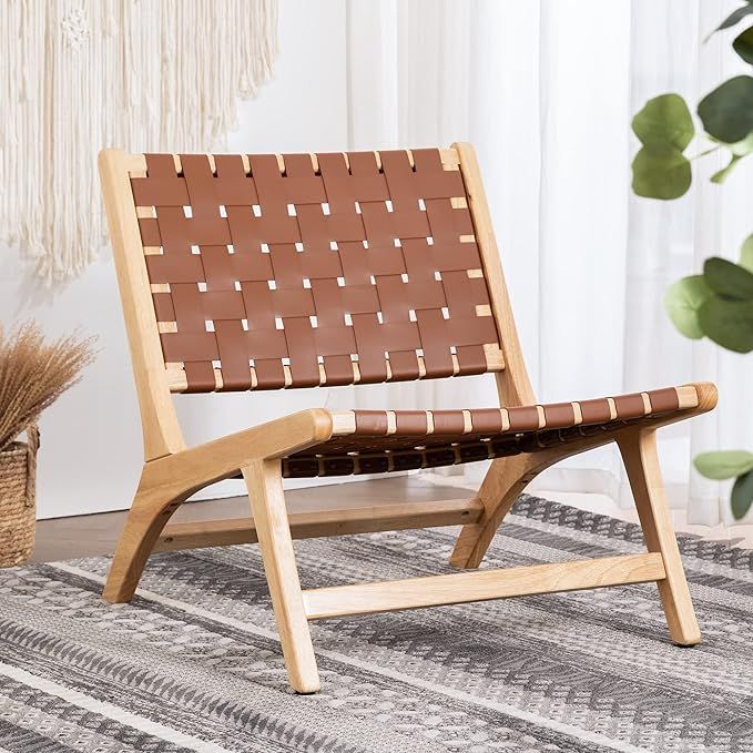 Amazon.com: LUE BONA Midcentury Modern Accent Chair, Woven Leather Cane Accent Chairs, Cognac Lea... | Amazon (US)