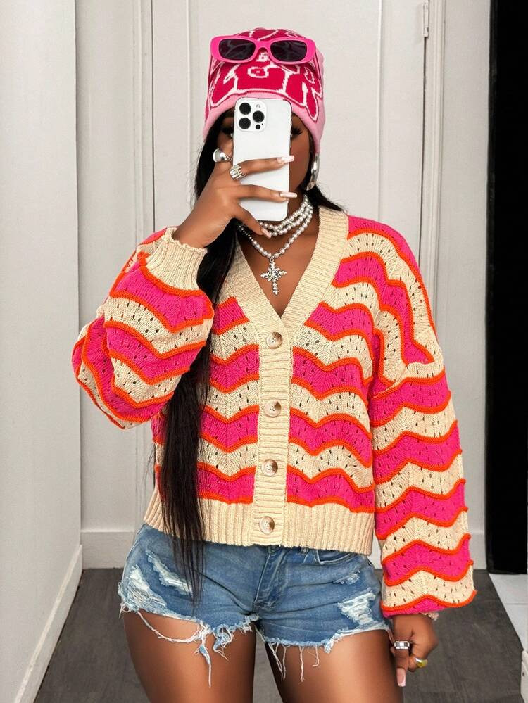 BamGleam Women's Cardigan Sweater, Long Sleeve, Knitted, Pink & Multi-Color Textured, Casual, Sui... | SHEIN