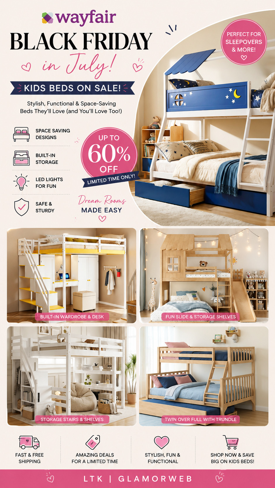 Tell me why kids beds are now the cutest thing ever 😭✨ Wayfair Black Friday in July is making it HARD not to redecorate.

Twin over full bunk beds with trundle, built-in wardrobe, shelves for decor + toys, staircase storage, and soft LED lights… it’s cozy, organized, and so aesthetic 🛏️💡

Perfect for small spaces but still feels so elevated 🤍

#WayfairFinds #KidsRoomGoals #BunkBedInspo #SmallSpaceLiving #KidsFurniture #HomeDecorIdeas #RoomRefresh #CozySpaces #LTKHome #LTKDeals #ModernHome #StorageHacks #SaleAlert 

 #LTKSeasonal #LTKSaleAlert #LTKKids
