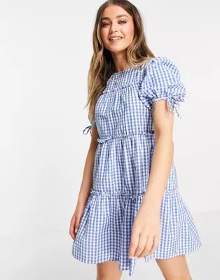Influence tiered gingham mini dress in blue | ASOS (Global)
