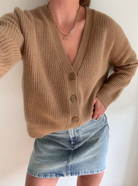 Little spring summer outfit with cozy cashmere cardigan and denim skirt. (Camel color no longer available, linked closest alternative)

#LTKSeasonal