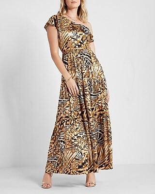 Rachel Zoe Metallic Animal Print One Shoulder Maxi Dress | Express